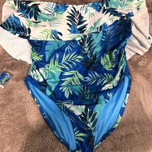 Tropical Leaf Off-Shoulder One-Piece Swimsuit in Blue